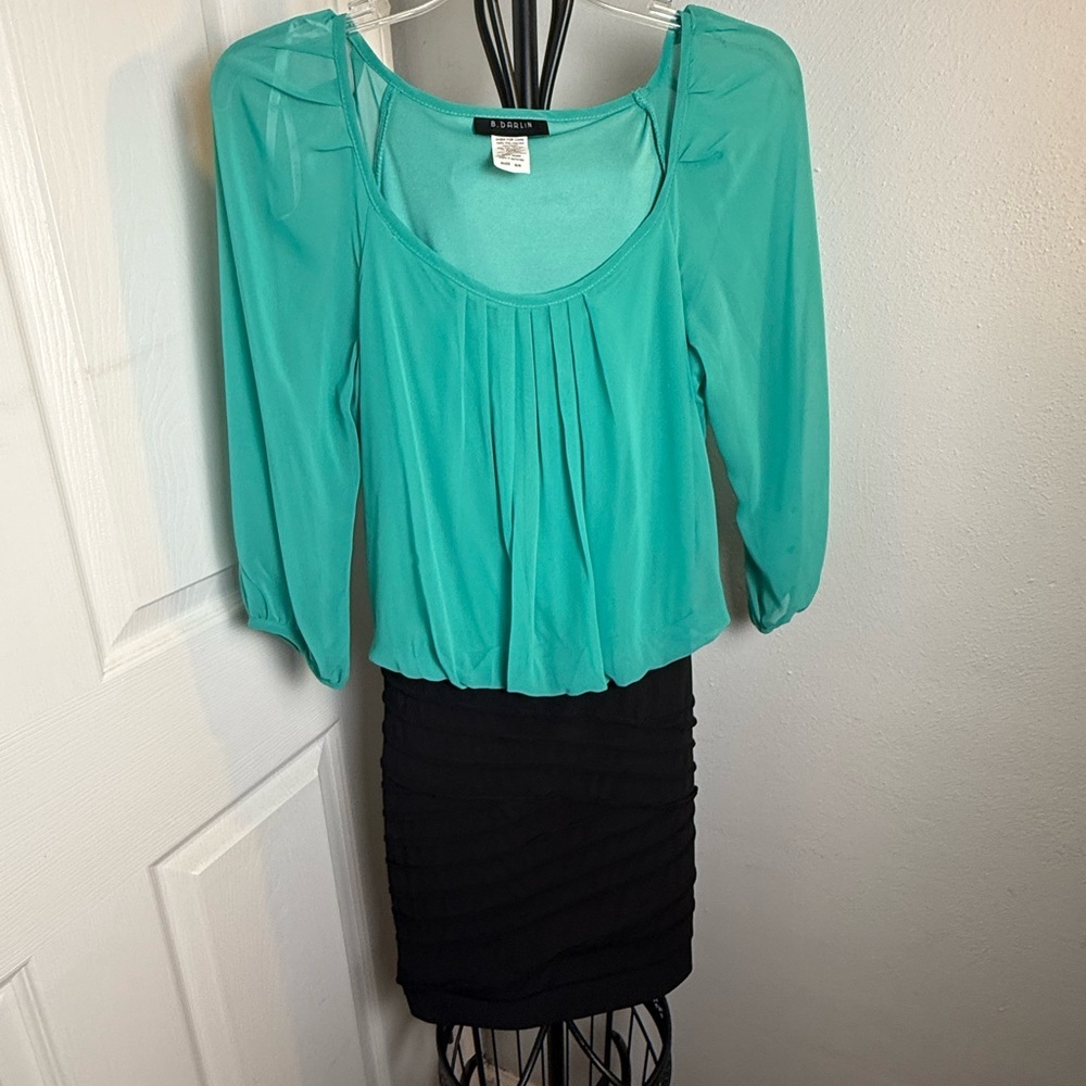 B Darlin Ruched  Mini Green & Black Sheath Dress